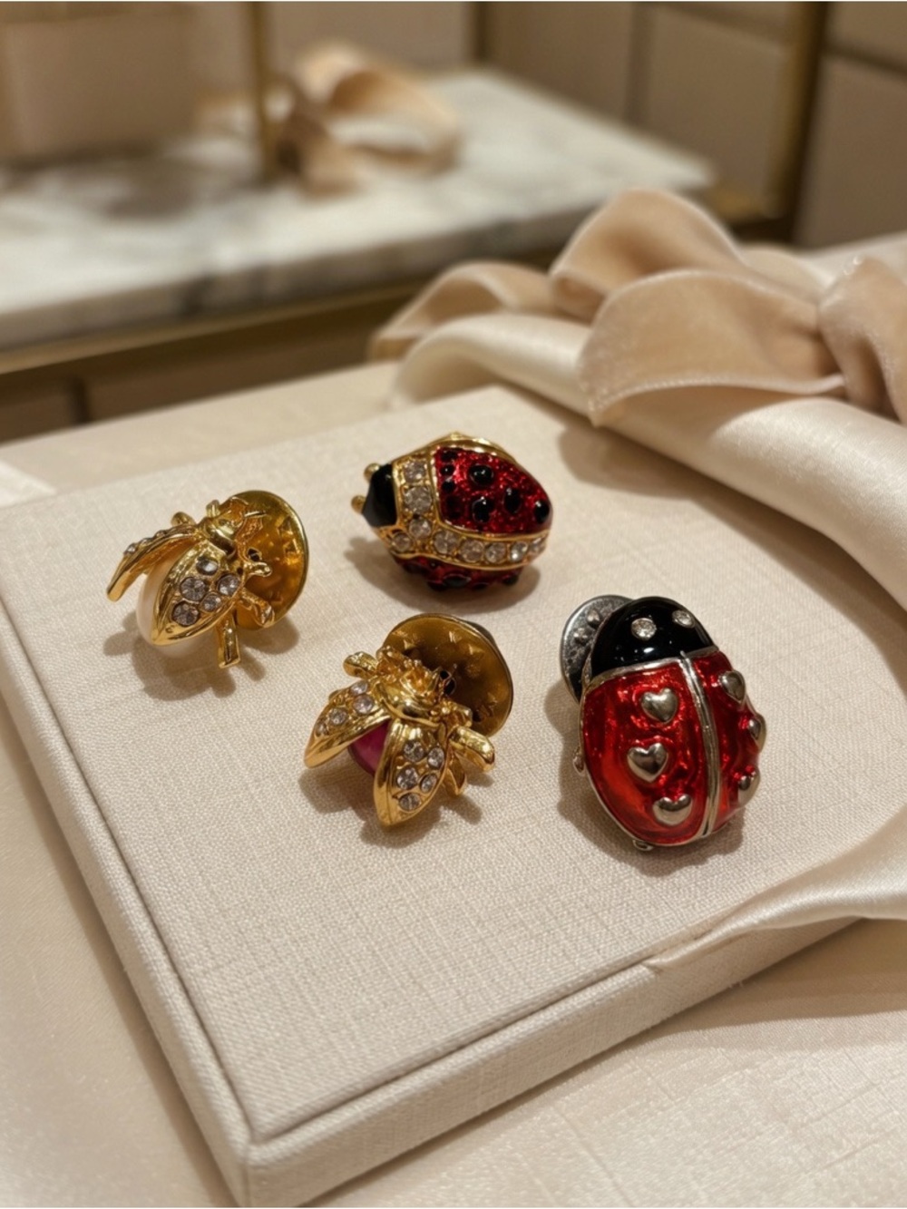 Vintage Ladybug Enamel Rhinestone Lapel Pin Lot Red Gold Tone Insect Pins Set 4